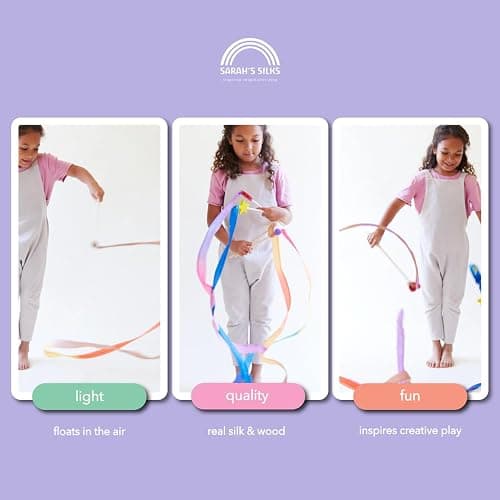 Sarah's Silks Boho Rainbow Streamer - 8' Long Ribbon Wand for Kids, Pretend Play, Dance, Baton Stick Twirling, and Gymnastics Party Favors | 100% Silk and Wood Montessori and Waldorf Toys thumbnail 5