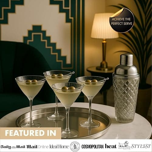 VEMACITY - Ribbed Martini Glasses Set of 4 | Silver Bar Tools - 8oz Cocktail Glasses | Espresso Martini, Margarita, Manhattan, Cosmopolitan - Art Deco Cocktail Gift Set | Ideal for Martinis thumbnail 5
