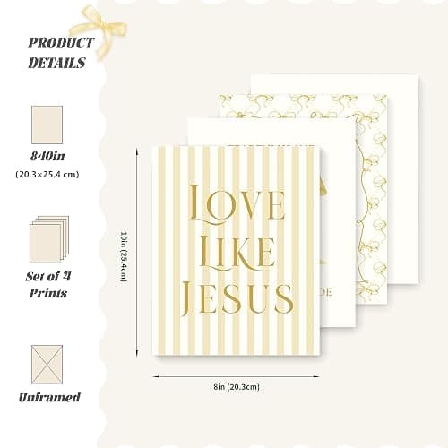 LARTSFRO Coquette Yellow Bow Jesus Wall Art Decor Posters, Butter Yellow Bow Christian Room Bedroom Bathroom Dorm Wall Art Decor Aesthetic for College Teen Girls Gifts, Inspirational Bible Verses Bow Wall Decor, 10x8 Inch Set of 4 Bow Pictures(UNFRAMED) thumbnail 2