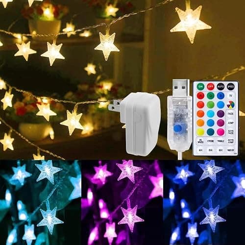 Minetom Star String Lights for Bedroom - 33 ft Plug-in Color Changing Star String Lights with Remote and Timer for Bedroom Tent Loft Bed Window Backyard Patio Porch Balcony Party Wedding, RGB - Image 1