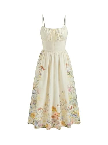 CIDER Midi Dress for Women Floral Sleeveless Square Neck Shirred Waistline Casual Dress Wedding Guest Dresses - Image 1