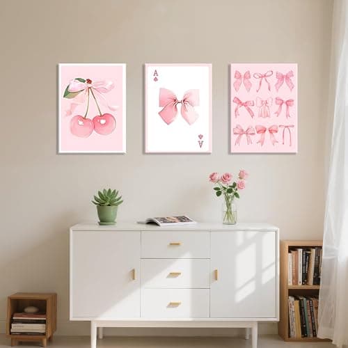 Coquette Pink Bow Canvas Wall Art Set of 3, Cherry Bow Posters Prints for Bedroom, Dorm, Bathroom Decor Painting Preppy Aesthetic Girls Room Decor Artwork for Women Teens Tween 12x16 Inch Framed thumbnail 2