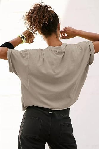 Women's Oversize Workout Crop Tops Casual Short Sleeve Drop Shoulder Boxy T-Shirts Roll Hem Basic Loose Yoga Running Tees thumbnail 2