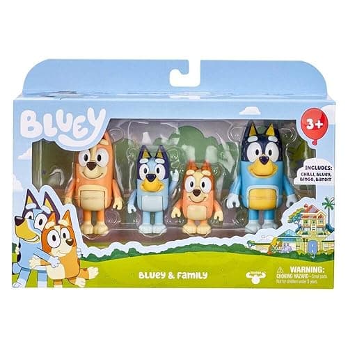 Bluey Family Figure 4-Pack – Includes Bluey, Bingo, Mum (Chilli) & Dad (Bandit), Poseable Collectible Toys for Kids, Durable Cake Toppers, for Toddlers & Fans, Ages 3+ - Family