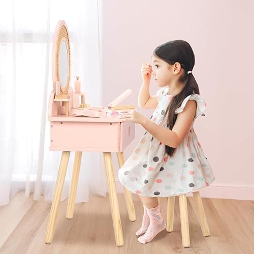 OOOK Kids Vanity Table and Chair Set, Pink Girls Vanity with 11 Pcs Accessories, Enough for Real and Pretend Makeup, Toddler Vanity for 3 Year Old and Up as Ideal Gift thumbnail 2