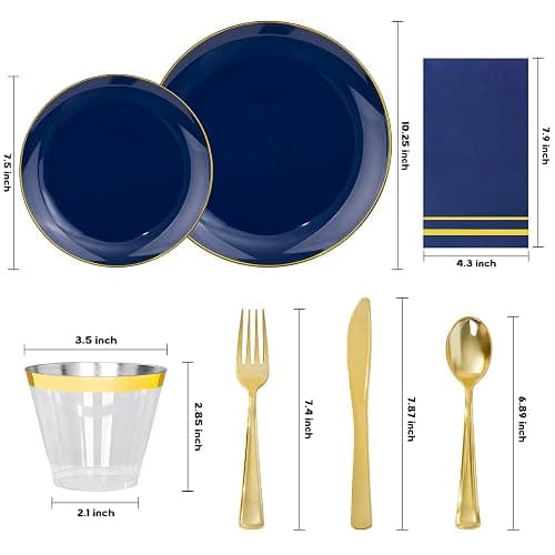 NOCCUR 350PCS Navy Blue Plastic Plates - Blue Disposable Dinnerware Set for 50 Guests, 100 Dinner/Dessert Plates, 150 Gold Silverware, 50 Cups&50 Napkins for Party/Wedding/Graduation/Independence Day thumbnail 3