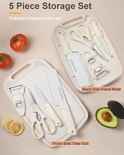 SUJAYU 5 in 1 Mini Knife and Cutting Board Set, Small Camping Cutting Board Cutting Board Scissors, Dorm Kitchen Essentials Travel Knife Set (Beige) thumbnail 2