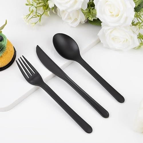 Supernal 180pcs Matte Black Reusable Plastic Utensils Silverware Set | Wheat Straw Reusable Cultery Flatware Set Dishwasher Safe (60 Forks, 60 Knives, 60 Spoons) for Party, Picnic & Everyday Use thumbnail 2