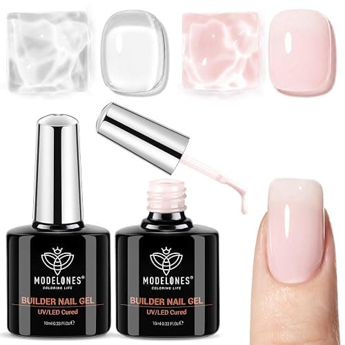 modelones Base Coat Builder Nail Gel, 2 Pcs Clear and Cover Nude Builder Nail Polish, 8-in-One Apex Building Thickening Strengthener Extension Rubber Color for DIY Home Salon Gifts LED Lamp Cured 10ml - Image 1