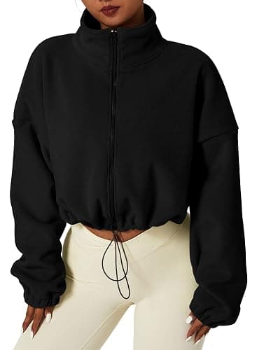 QINSEN Women's Full Zip Fleece Short Jacket Warm Winter Long Sleeve Stand Collar Sherpa Crop Coat - Image 1