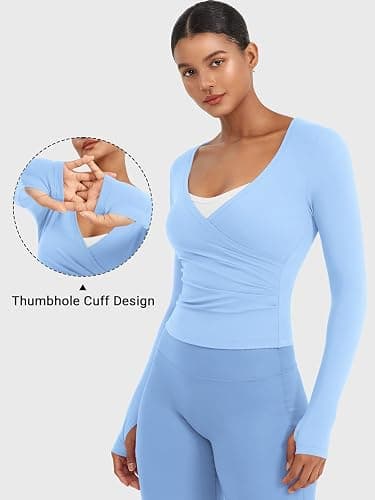 YEOREO Minniy Women Workout Wrap Top Long Sleeve with Thumb Holes V Neck Basic Shirts for Yoga Pilates Going Out Shrug Blouse thumbnail 3