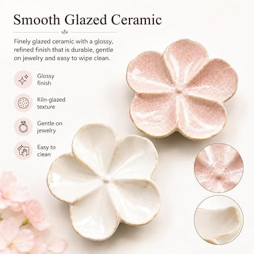 Ceramic Flower Jewelry Ring Trinket Dish Tray, Gifts for Women, 2 Pieces | Kiln-Variation Glaze, Organizer for Necklaces Bracelet Key, Aesthetic Nightstand Bedroom Bathroom Room Decor, Dishwasher Safe thumbnail 4
