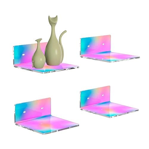 Sezanrpt 6 Inches Iridescent Small Wall Shelves, Acrylic Floating Shelf for Small Space, Acrylic Display Ledges for Funko Pop Figures, Home Décor, Plants, Smart Speaker, Digital Clock, 4 Pack - Image 1