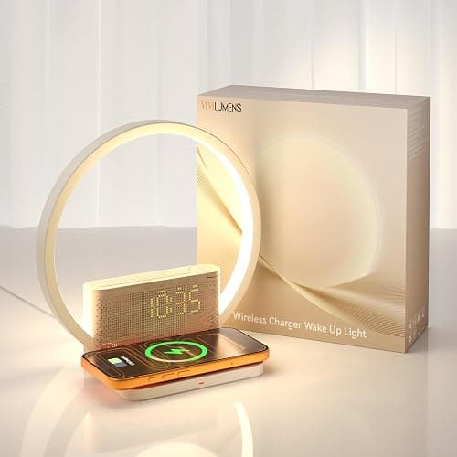 Vivilumens Sunrise Alarm Clock Wireless Charger, 10 White Noise Sound Machine Alarm Clock with 30/60/90 Mins Timer, 3 Levels Touch Night Light Dual Clocks for Heavy Sleeper Bedroom Decor Gift for Her - Image 1