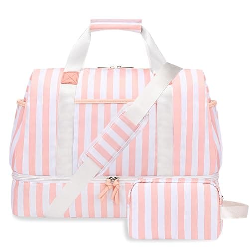 Bosidu Stripe Weekender Overnight Bags for Women - 2Pcs Carry On Travel Duffle Bag with Shoe Compartment - Pink thumbnail 8
