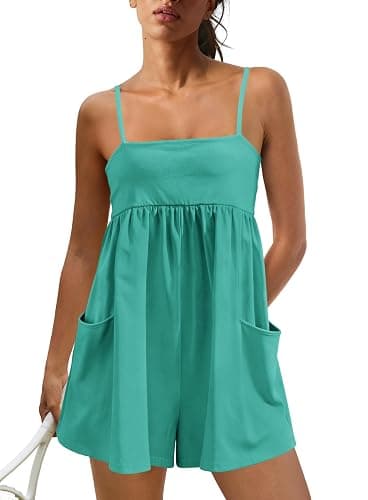 Panadila Womens Summer Rompers Beach Vacation Clothes Spaghetti Strap Short Jumpsuits Square Neck Dress with Pockets thumbnail 3