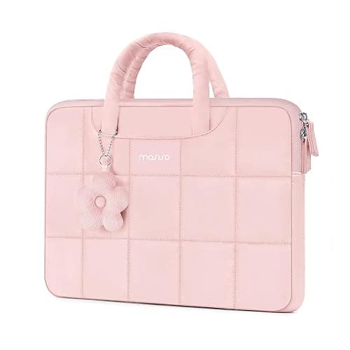 MOSISO 13-14 inch Laptop Case, 13.3 inch Puffy Laptop Sleeve Compatible with MacBook Air 13 13.6/Pro 13/Pro 14,HP Acer Dell ASUS Lenovo, Rectangle Quilted Computer Bag with Handle&Flower Pendant, Pink - Image 1