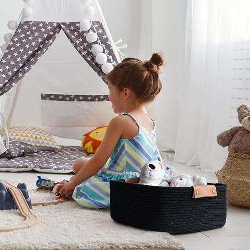 Cherrynow Square Cotton Rope Basket with Handles for Books, Magazines, Toys, Decorative Rectangle Woven Storage Basket for Baby Nursery, Living Room, Bathroom, Black thumbnail 5