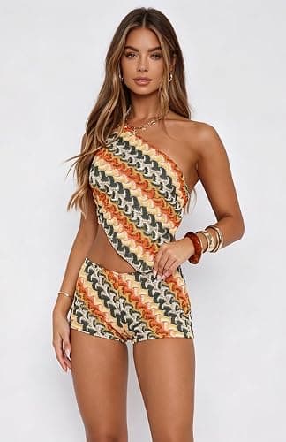 Wuitrie Summer Two Piece Sets for Women 2026 Sexy Slanted Shoulder Backless Tops Shorts Beach Vacation Clothes thumbnail 2