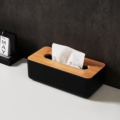 Tissue Box with Bamboo Cover,Plastic Tissue Organizer,Bathroom Tissue Dispenser for Home,Bedroom,Office,Living Room,8.1×4.6×2.9 in (Black) thumbnail 2