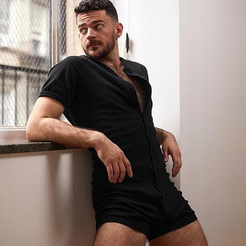 GYMAPE Mens Short Sleeve Onesie Pyjama Henley Jumpsuit Stretchy Cotton Ramper with Buttons thumbnail 4