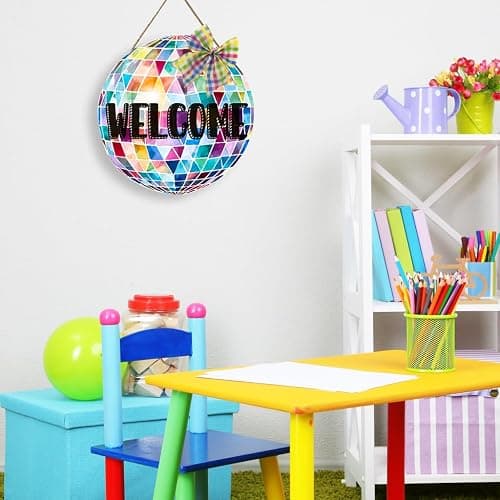 OLMIXA Colorful Disco Ball with Bow Wooden Hanging Sign (11.4x11.7inch), Disco Ball Welcome Door Hanger Sign, Shiny Welcome Sign for Dance Party Girl Bedroom Apartment Classroom Decor thumbnail 5