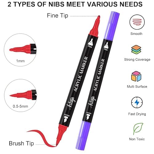 Artugn 24 Colors Acrylic Paint Pens, Dual Tip Pens With Fine Tip and Brush Tip for Rock Painting, Ceramic, Wood, Plastic, Calligraphy, Scrapbooking, Brush Lettering, Card Making, DIY Crafts thumbnail 2