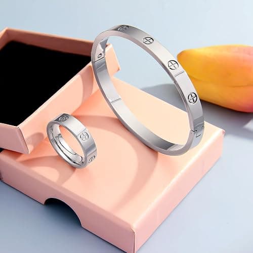 18K Gold Plated Friendship Love Bracelet with Ring Jewelry Set for Women Stainless Steel Cuff Oval Bangle Simple Hinged Cubic Zirconia Stones Bangle Cuff Best Gifts for Mother's Day Valentine's Day Wedding Couples and Birthdays thumbnail 5