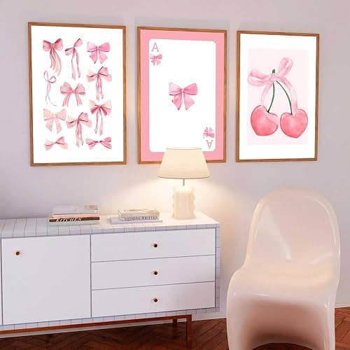 3Pcs Trendy Pink Bows Wall Art Preppy Watercolor Bows Canvas Posters Prints Girly Aesthetic Wall Decor Pictures for College Apartment Bedroom Decoration, Unframed 12x16in thumbnail 3