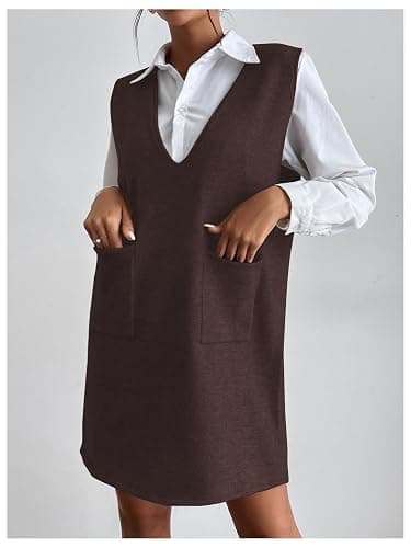 OYOANGLE Women's V Neck Sleeveless Knitted Solid Short Sweater Dress with Pockets thumbnail 6