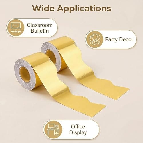 ONLOVO 65 Feet Gold Bulletin Board Borders, Scalloped Border Trim, Rolled Classroom Borders for Bulletin Board, White Board, Cork Board, Locker, and Classroom Décor Burlap Scalloped Border Trim thumbnail 6