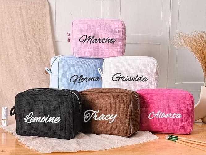 Personalized Embroidered Waffle Cosmetic Bags, Custom Thicken Beauty Makeup Packet Bag for Women Girls, Travel Makeup Pouch, Aesthetic Toiletry Case, Bridal Bridesmaid Party, Birthday, Wedding Gifts thumbnail 4