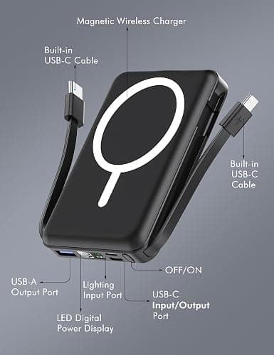 podoru for Magsafe Battery Pack, 10000mAh Magnetic Power Bank Built-in Double USB C Cables 20W PD Fast Charging LED Display Wireless Portable Charger for iPhone 17/16/15/14/13/12 Series-Black thumbnail 3
