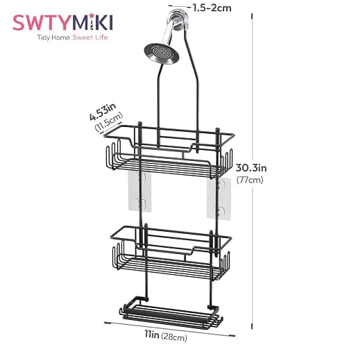 SWTYMIKI Shower Caddy Hanging - Extended Length 3 Tier Rustproof Shower Organizer Hanging, No Drilling Shower Shelves with 16 Hooks & Soap Holder, Anti-Swing Rack, Black thumbnail 2