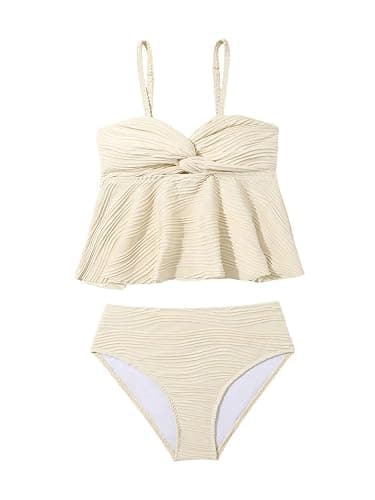 OYOANGLE Girl's 2 Piece Tankini Swimsuit Textured Twist Front Ruched Ruffle Bikini Set Bathing Suits - 10 Years - Beige - Image 1