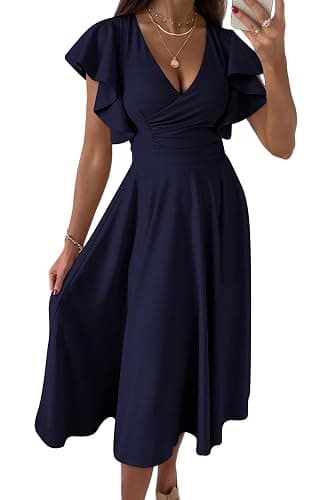 PRETTYGARDEN Women's Wrap V Neck Midi Summer Dresses | Ruffled Flutter Sleeves, Flowy Pleated A Line, High Waist, Elegant Spring Dress for Wedding Guest, Cocktail Party, Date Night - Image 1