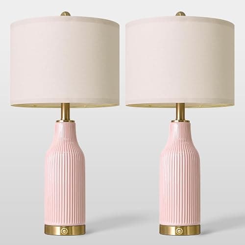 USumkky 24.5" Modern 3-Way Dimmable Touch Control with 5FT Cord & USB A+C Ceramic Lamps Set of 2 Table Lamp for Living Room Bedroom Farmhouse Nightstand Bedside Pink thumbnail 9
