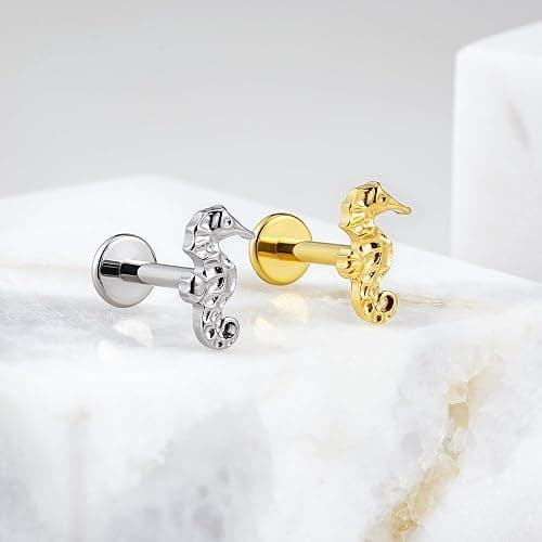 FINE4U 1PC 16G ASTM F136 Titanium Octopuses Piercings Jewelry with 6mm 8mm Post for Conch Helix Flat Labret 16G 6mm 8mm - Seahorses- Gold thumbnail 4