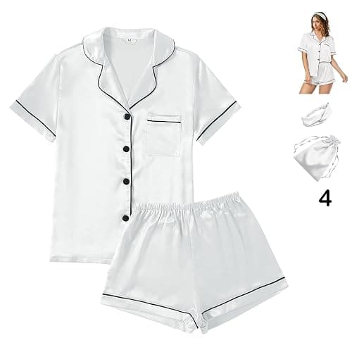 WJing Yi Jia 4Pcs Womens Satin Silky Pajama Sets Short Sleeve Shirt XS-4XL Floral Pajamas Set Soft PJ Loungewear Sleepwear thumbnail 3