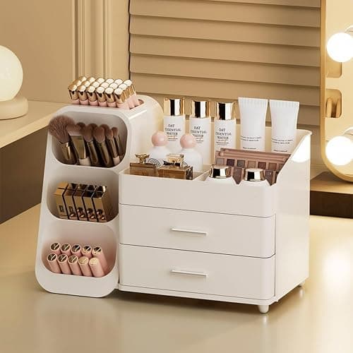 KQJS Makeup Organizer with Drawers,Large Capacity Countertop Organizer for Vanity,Bathroom and Bedroom Desk Cosmetics Organizer,Easy To Storage Skincare,Brushes,Lotions,Lipstick (All Cream) thumbnail 3