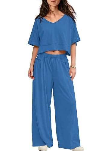 Yanekop Womens Two Piece Lounge Set for Summer Airport Travel Outfit V Neck Crop Tops and Wide Leg Pants with Pockets - Image 1
