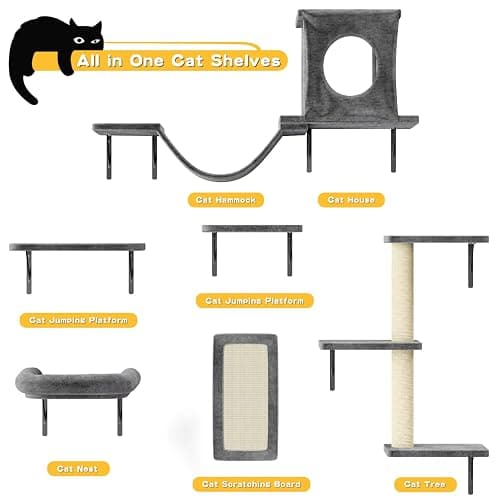 NUNU LAB Cat Wall Shelves, 6 Pcs Luxury Wall-Mounted Cat Climber Set, Indoor Cat Furniture with 1 Condos House, 2 Cat Wall Shelves, 1 Scratching, 1 Bridge Ladder, 1 Scratching Pad, Dark Gray thumbnail 7