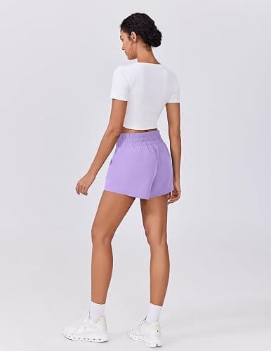 PINSPARK Womens High Waisted Quick Dry Running Gym Shorts, Lightweight Linerless Workout Athletic Shorts with Pockets - Lilac - Large thumbnail 6