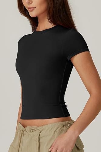 QINSEN Women's Crew Neck Short Sleeve Double-Layer Tops Basic Slim Fit Going Out T Shirt thumbnail 5