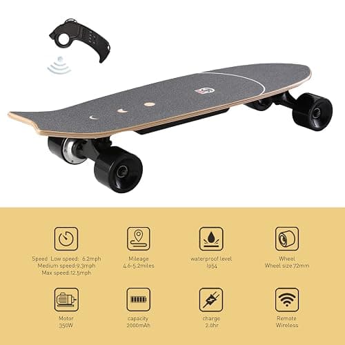 Electric Skateboard Electric Longboard with Remote Control Electric Skateboard,350W Hub-Motor,12.4 MPH Top Speed,5.2 Miles Range,3 Speeds Adjustment, 6 Months Warranty thumbnail 2