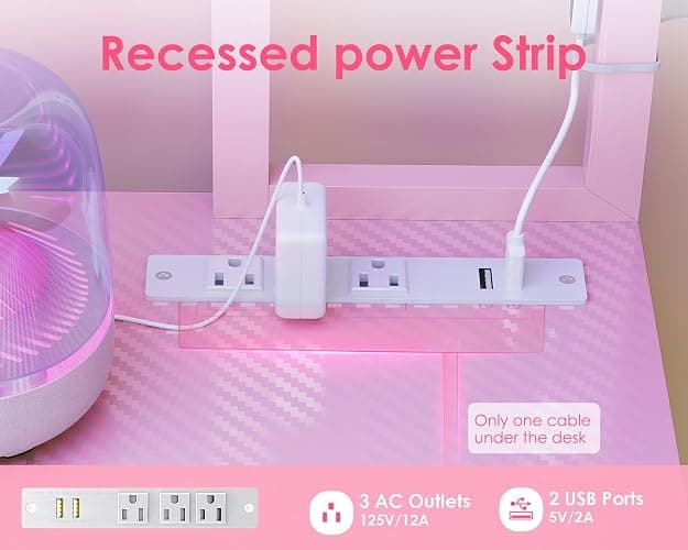AODK L Shaped Desk Gaming Desk with LED Light & Power Outlet, 53 Inch Reversible L Shaped Computer Table with Shelf & Storage Bag & Hook for Home Office, Pink thumbnail 6