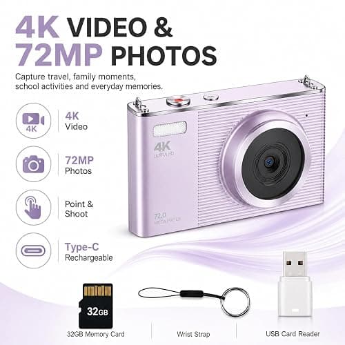 Fwmntu 4K Digital Camera for Teens and Beginners, 72MP Point and Shoot Camera with Autofocus, 16X Digital Zoom, 2.8 Inch IPS Screen, Type-C Rechargeable Compact Camera with 32GB Card, Purple thumbnail 4