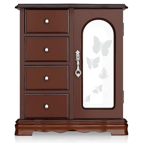 RR ROUND RICH DESIGN Jewelry Box - Made of Solid Wood with 4 Drawers Organizer and Built-in Necklace Carousel and Large Mirror Brown - Image 1