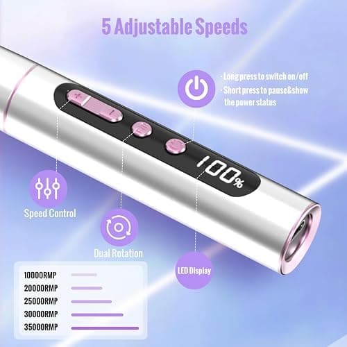 Denabuty Cordless Electric Nail Drill Machine, 13 in 1 Nail File Kit 35000RPM Professional Portable Rechargeable E File for Acrylic Polish Gel Removal Manicure Pedicure Set with 5 Speeds DN-2402 thumbnail 4