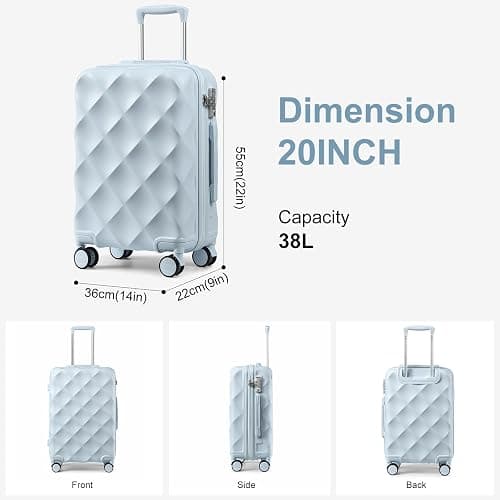 Somago Luggage Sets 20in Carry on Suitcase with TSA Lock YKK Zipper Spinner Wheels ABS Hardside Luggage 3 Piece Weekender Bags Travel Set, Light Blue thumbnail 3